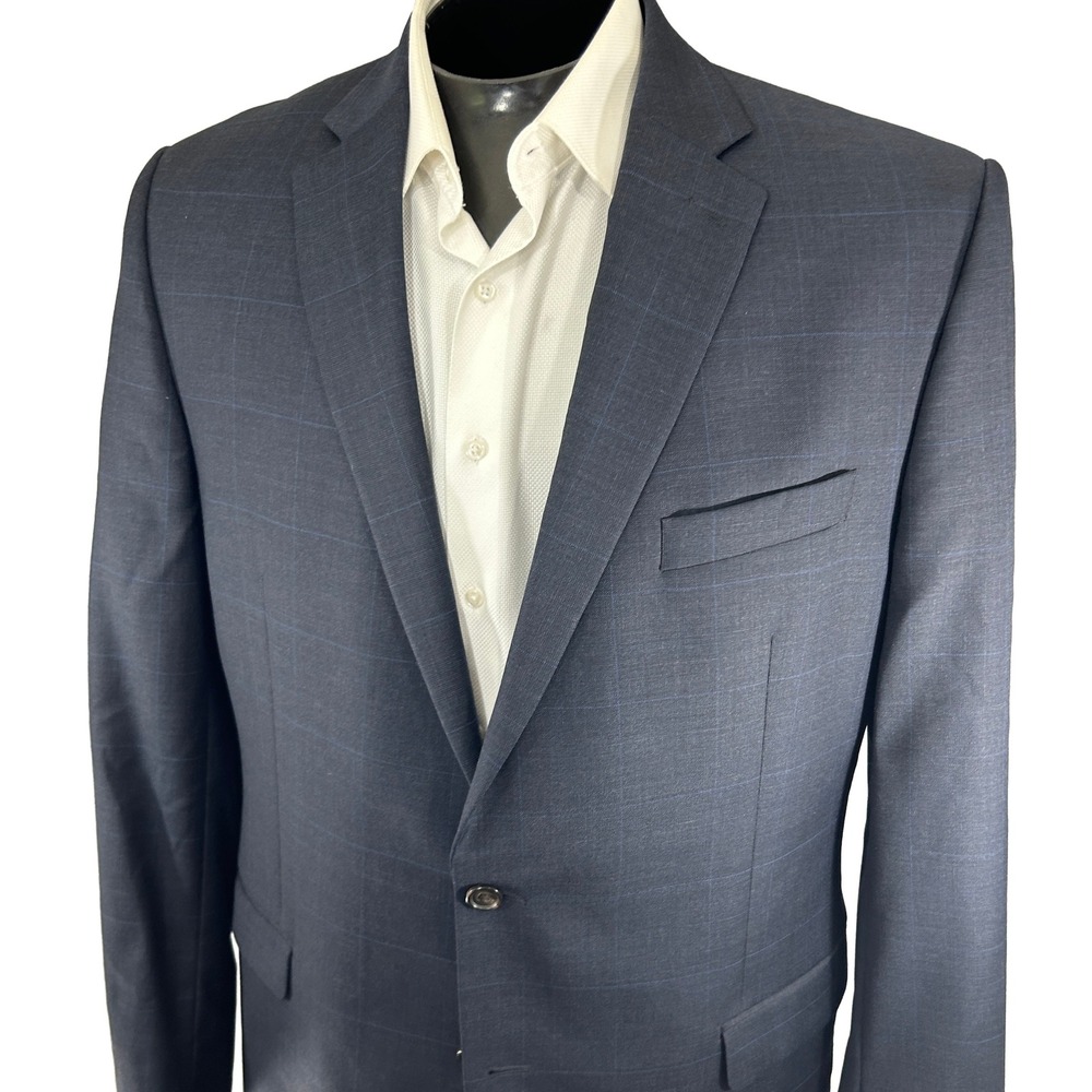 Lauren Ralph Lauren Sport Coat Mens 44L Gray Blue Windowpane Wool Blazer